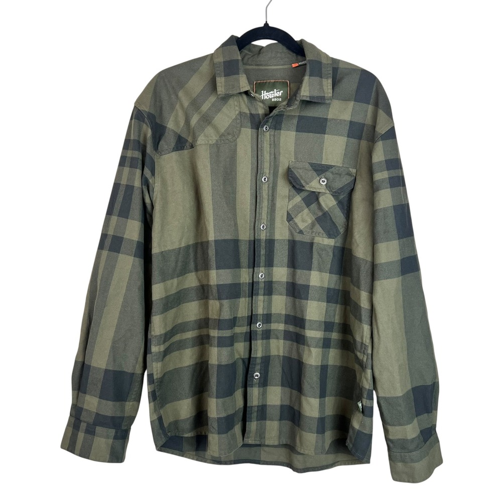 Howler Bros Mens Large Plaid Button Down Shirt Olive Green Long Sleeve Patch